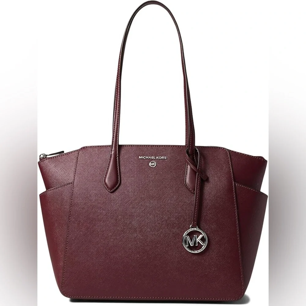 Michael Kors Marilyn Tote in merlot saffiano leather & silver MK circular charm